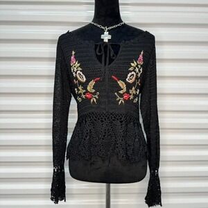 Black Micro Knit Crochet Floral Embroidered Boho Flare Sleeve Top Size M